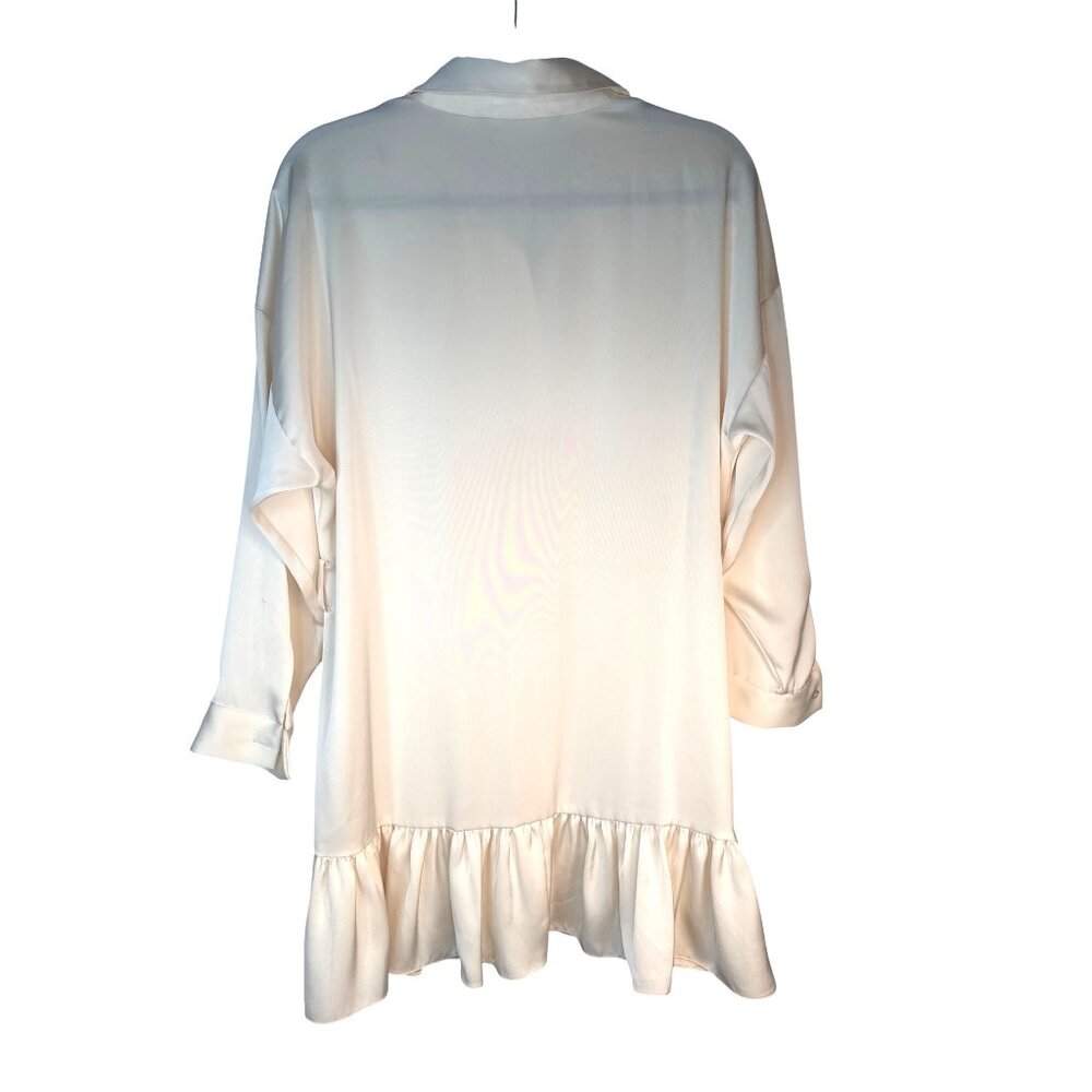 ZARA Cream Medium Satin Button-Up Drop Sleeve Ruffle Hem Shirt Dress - Picture 3 of 14